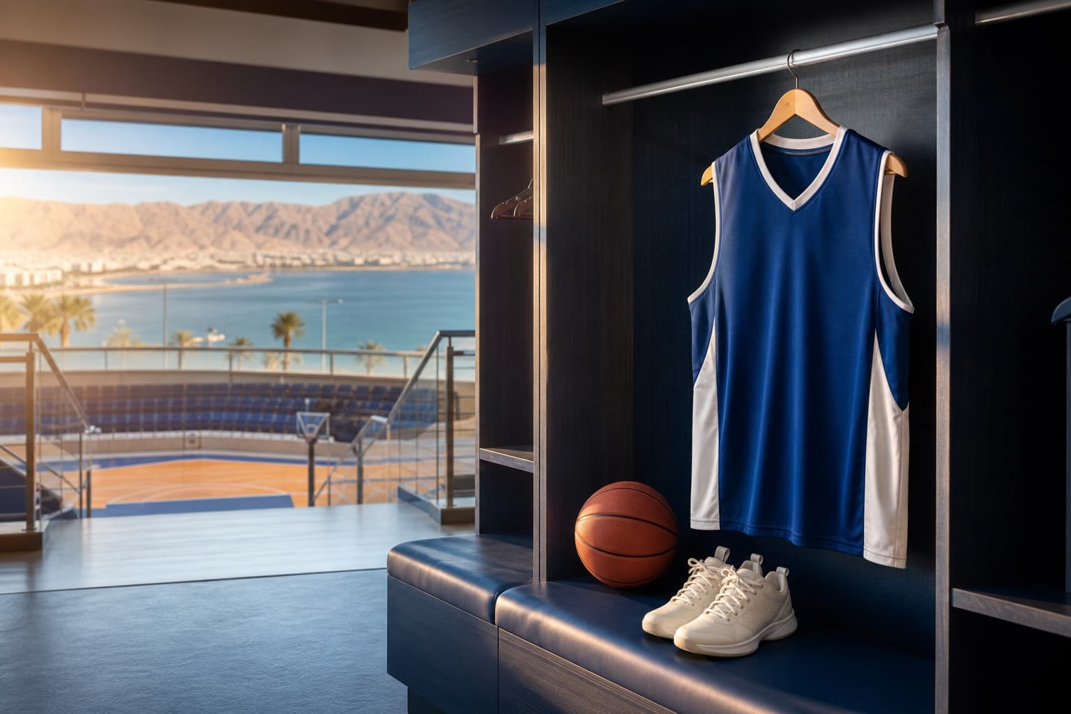 A blue-and-white basketball shirt and ball in a locker room overlooking Eilat's coast