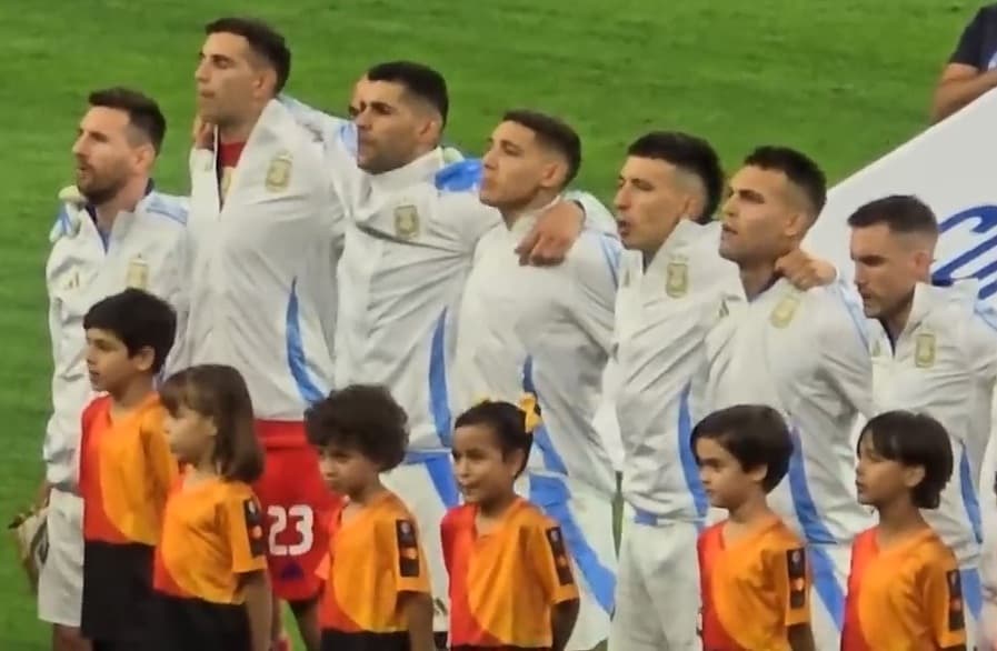 Argentina players line up before a 2024 Copa América match against Ecuador