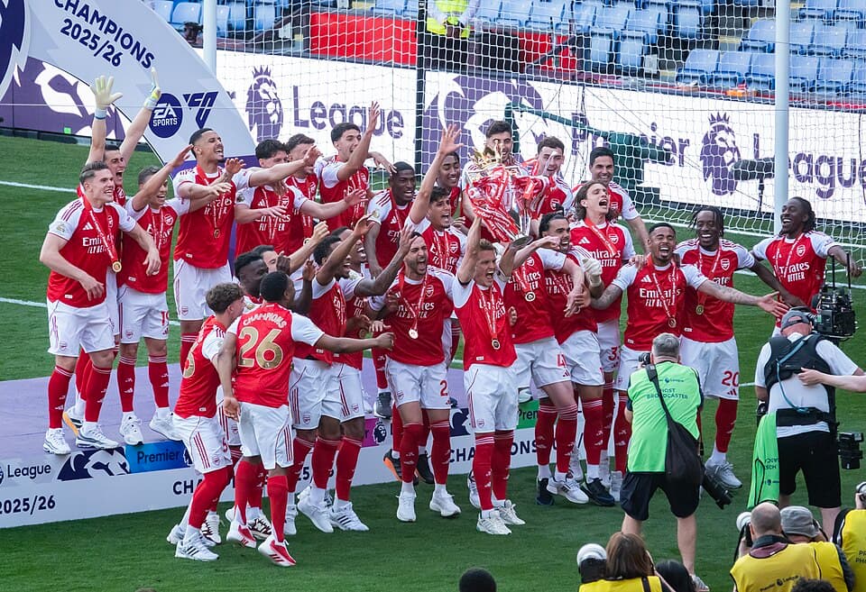 Arsenal lift the Premier League trophy, 2026