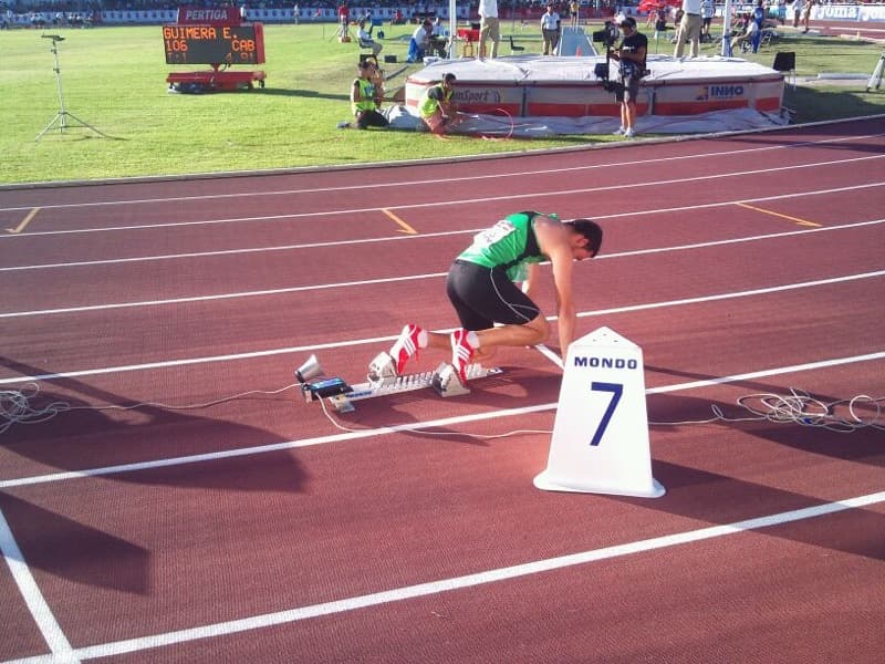 Sprint starting blocks on an athletics track
