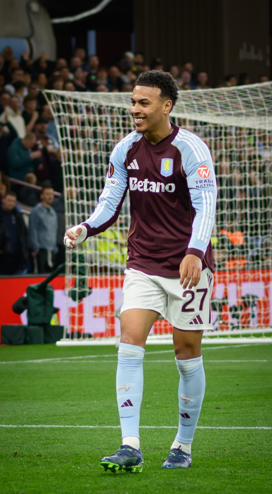 Morgan Rogers celebrates scoring for Aston Villa against Bologna April 2026