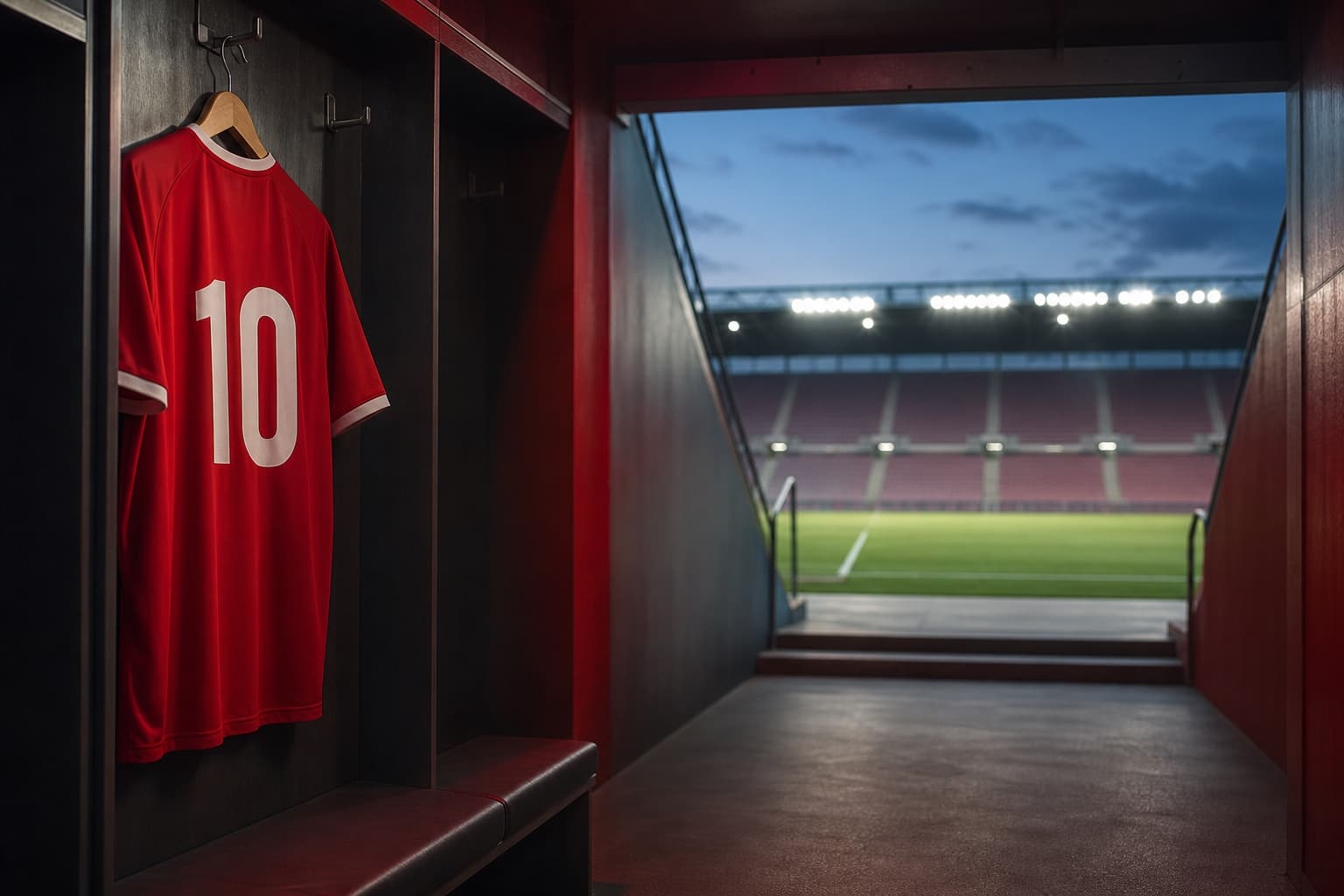 A red number 10 football shirt hanging beside a tunnel that opens onto a floodlit pitch