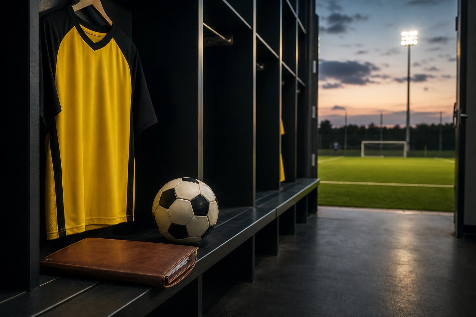 A yellow-and-black academy shirt, football and registration folder in a quiet locker room