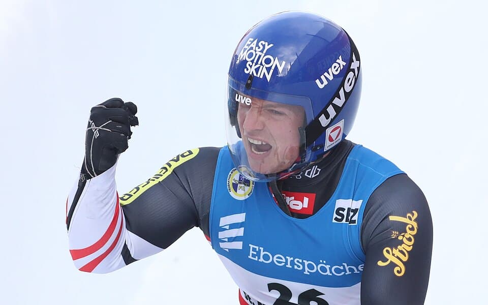 Men's World Cup at the 2021/22 Luge World Cup Final and 2022 European Luge Championships in St. Moritz–Celerina: Wolfgang Kindl (Austria) after winning the World Cup and European C