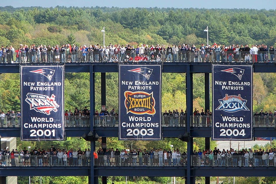 Patriots World Champions banners at Gillette Stadium, Foxboro, Massachusetts, USA
