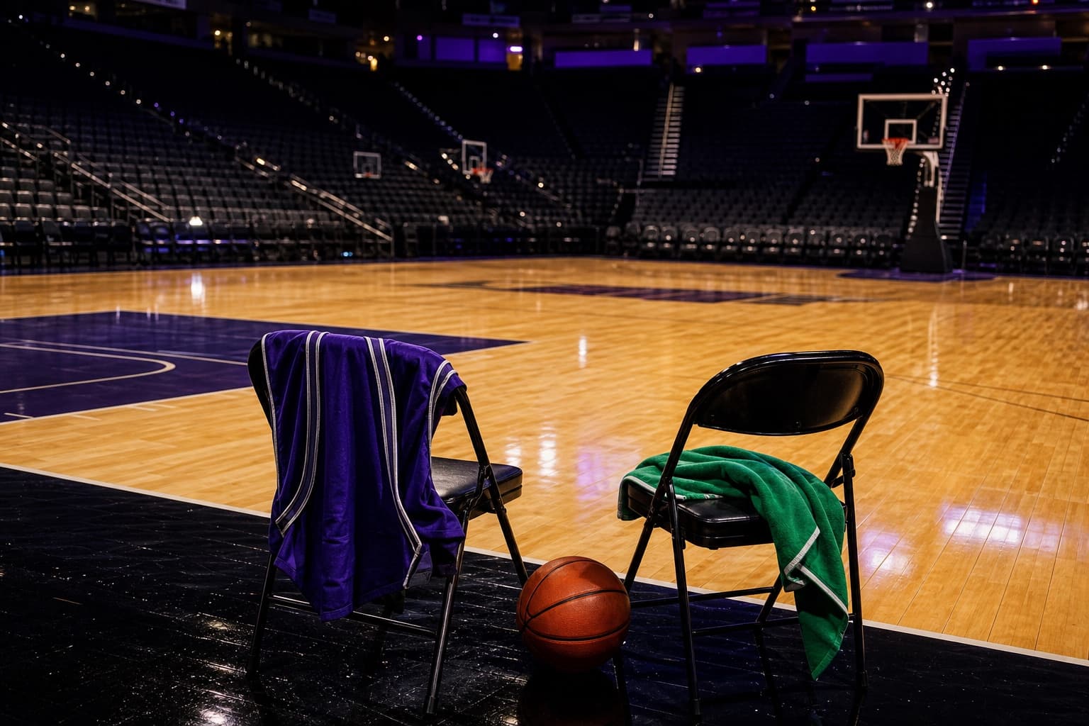 A basketball between purple and green postgame seats in an empty arena