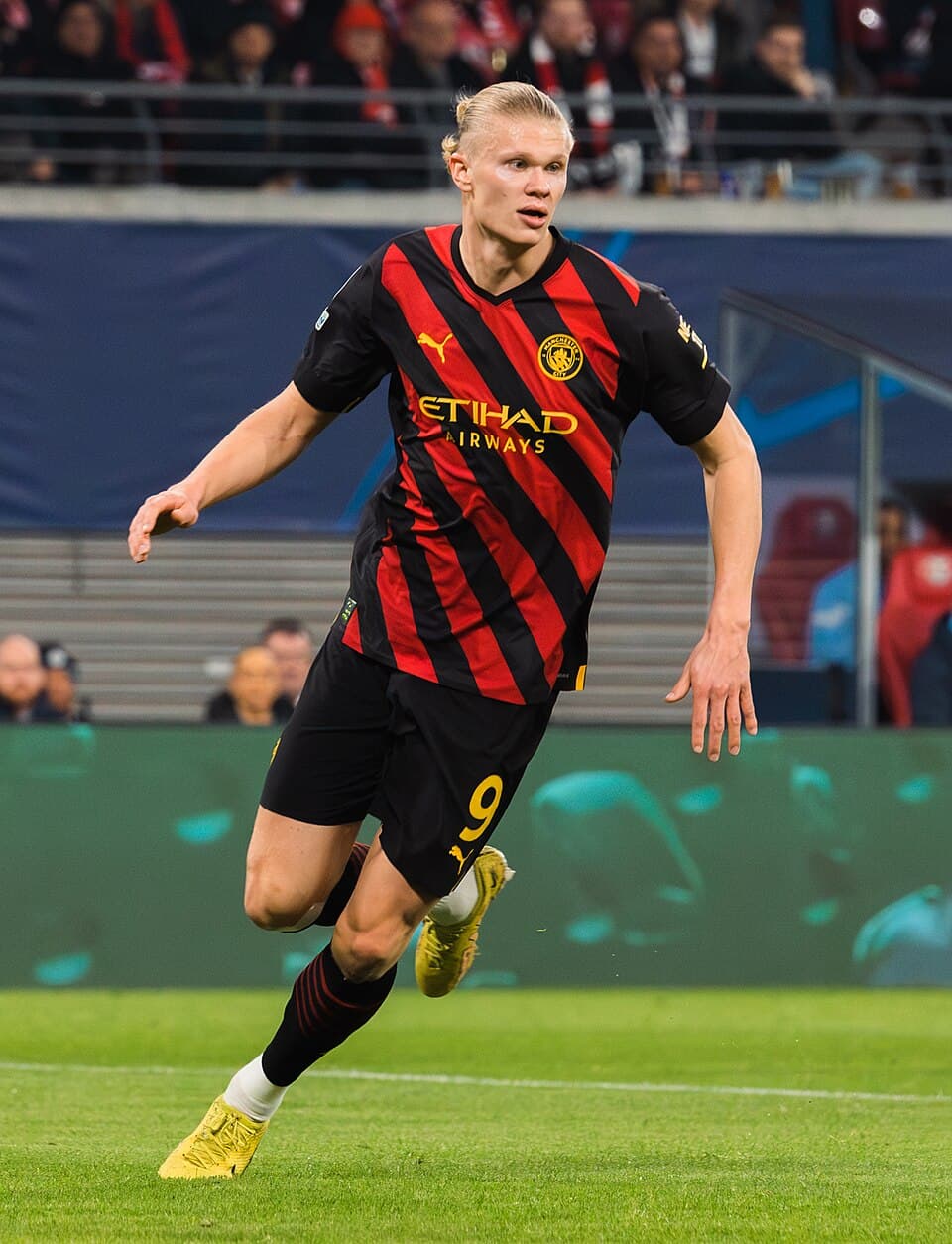 Erling Haaland playing for Manchester City against RB Leipzig in a UEFA Champions League match at the Red Bull Arena, Leipzig on 22 February 2023