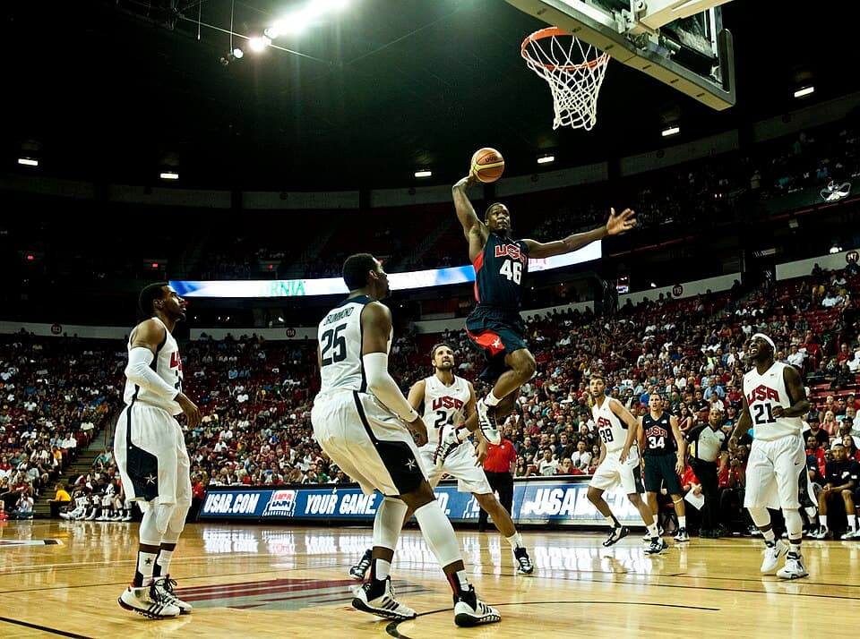 Harrison Barnes, USA Men’s Blue team player, goes up for a dunk during the first half of the USA Blue vs. White Basketball game at the Thomas and Mack Center, July 25, 2013, in Las