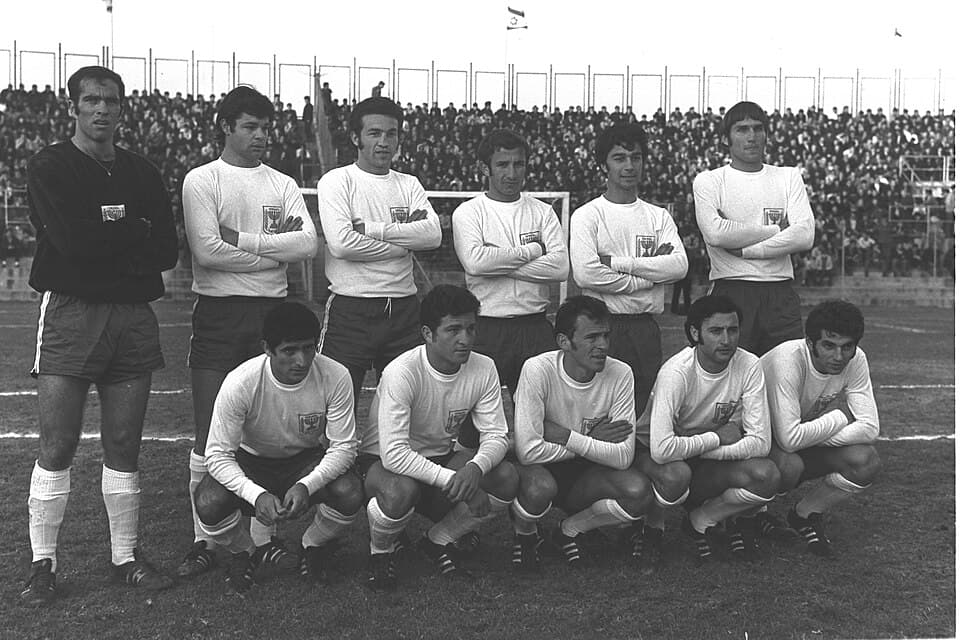 Israel’s national football team line up at Bloomfield Stadium in January 1970