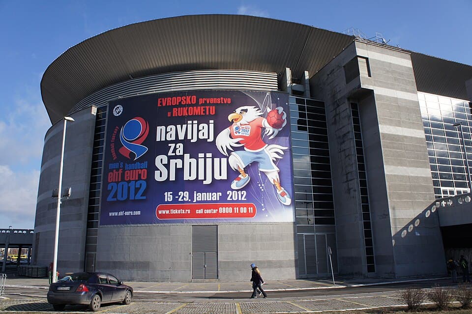 Belgrade Arena with poster of 2012 European Men's Handball Championship. Belgrade, Serbia