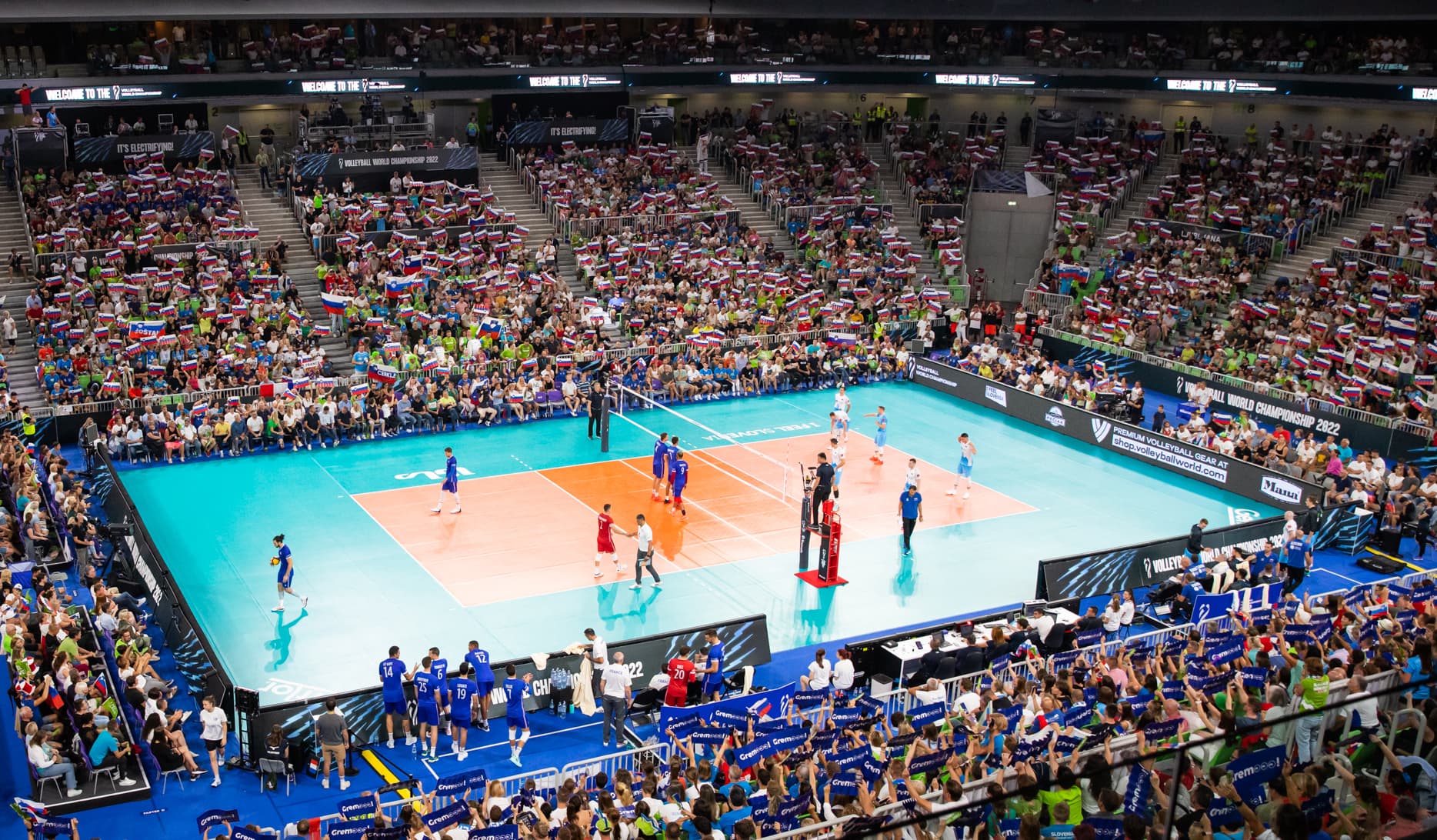 The illuminated interior of Arena Stožice in Ljubljana during an international sporting event
