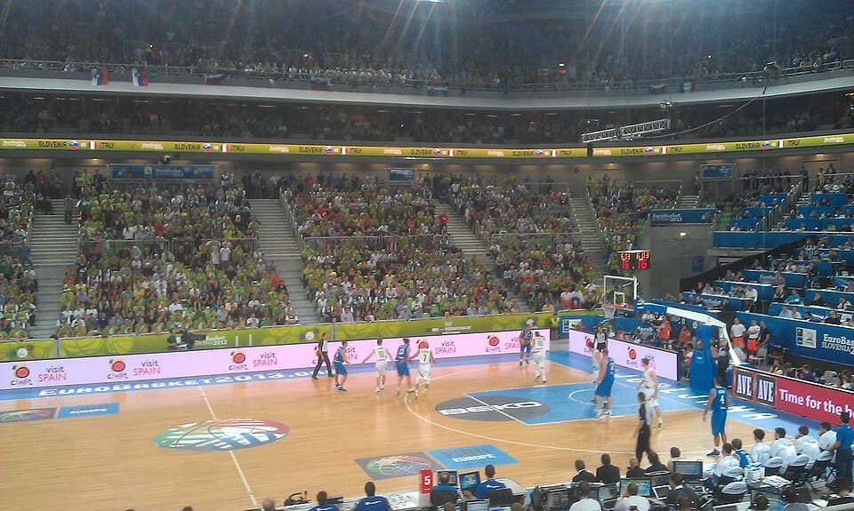 The basketball court and stands inside Stožice Arena in Ljubljana