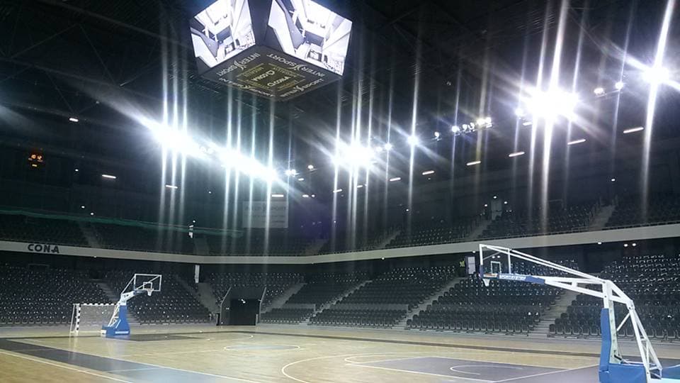 The indoor court and stands at Cluj Polyvalent Hall in Romania