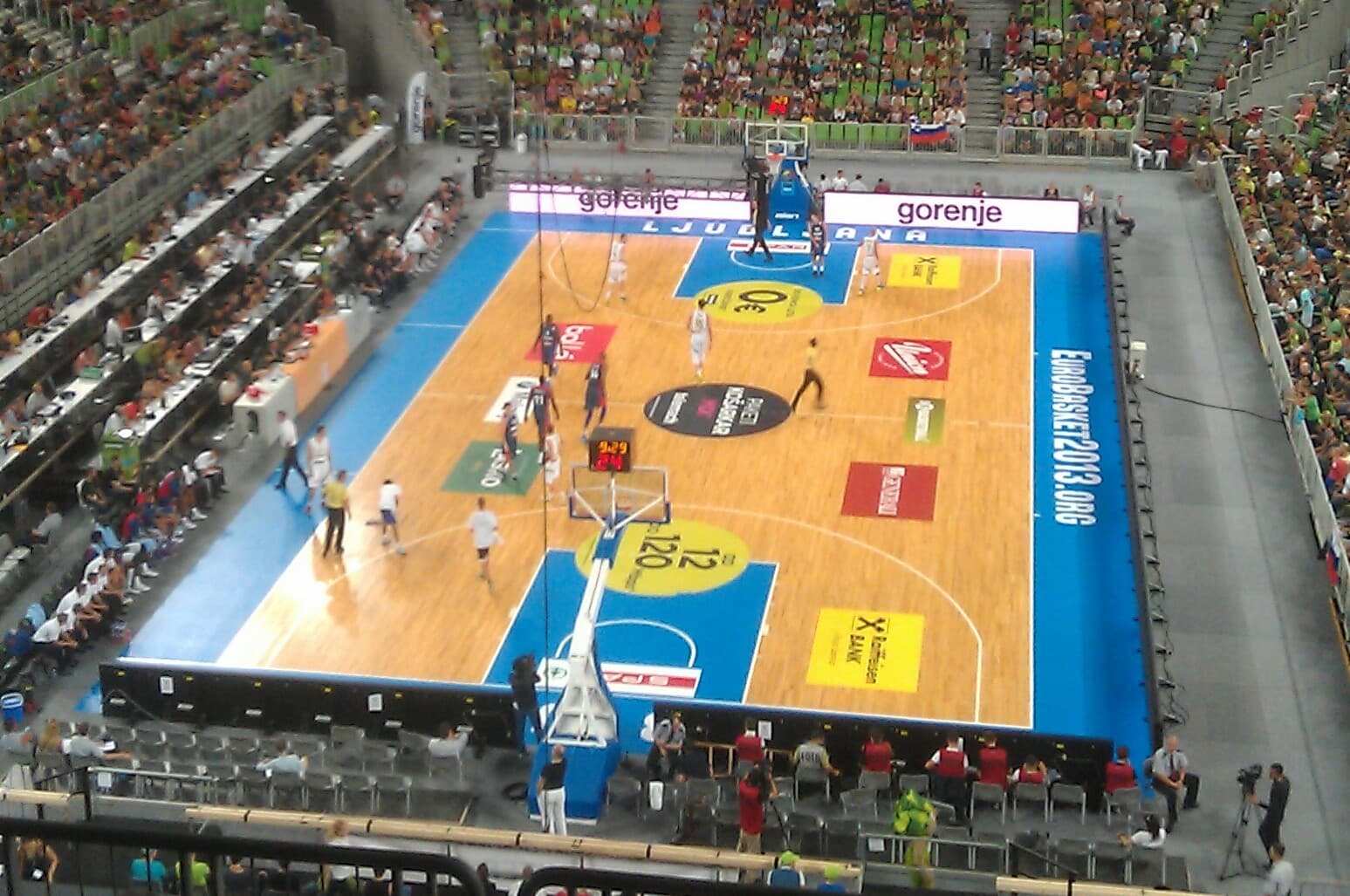 Basketball action on the court inside Arena Stožice in Ljubljana