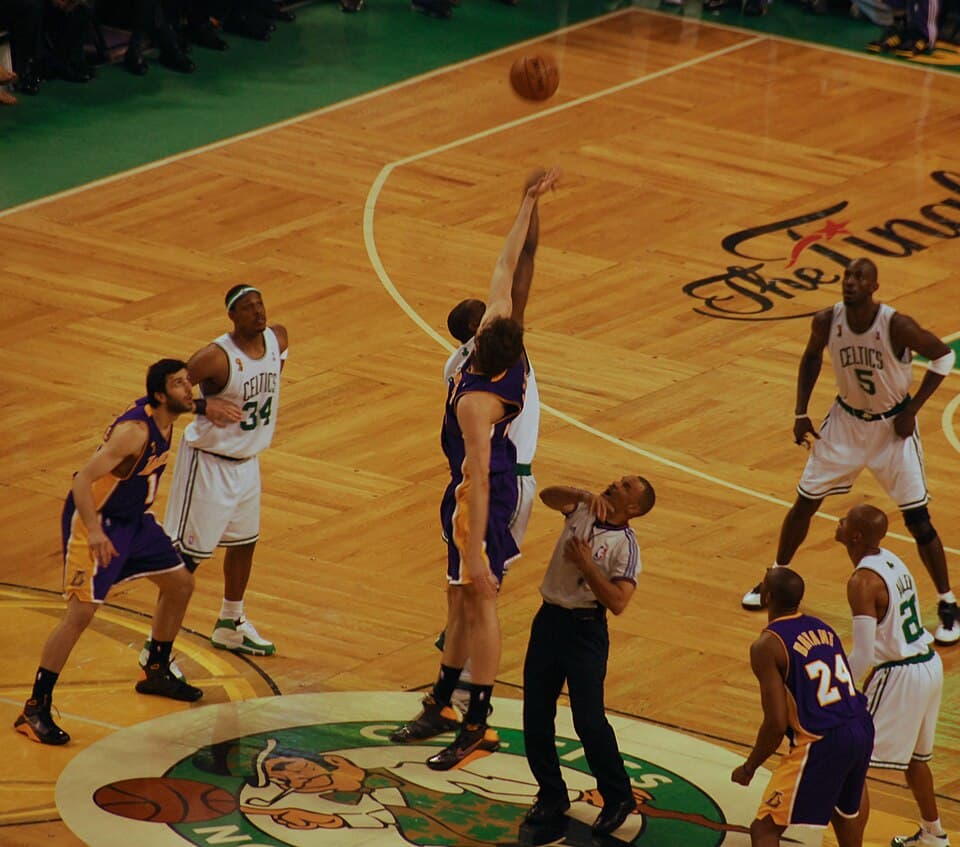 The opening tipoff of Game 2 of the 2008 NBA Finals between the Boston Celtics and the Los Angeles Lakers at the TD Garden