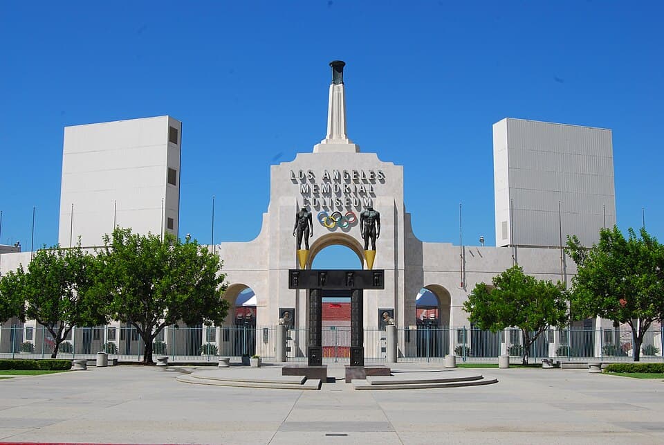 The Los Angeles Memorial Coliseum entrance plaza and facade. Located in Exposition Park , central Los Angeles, Southern California