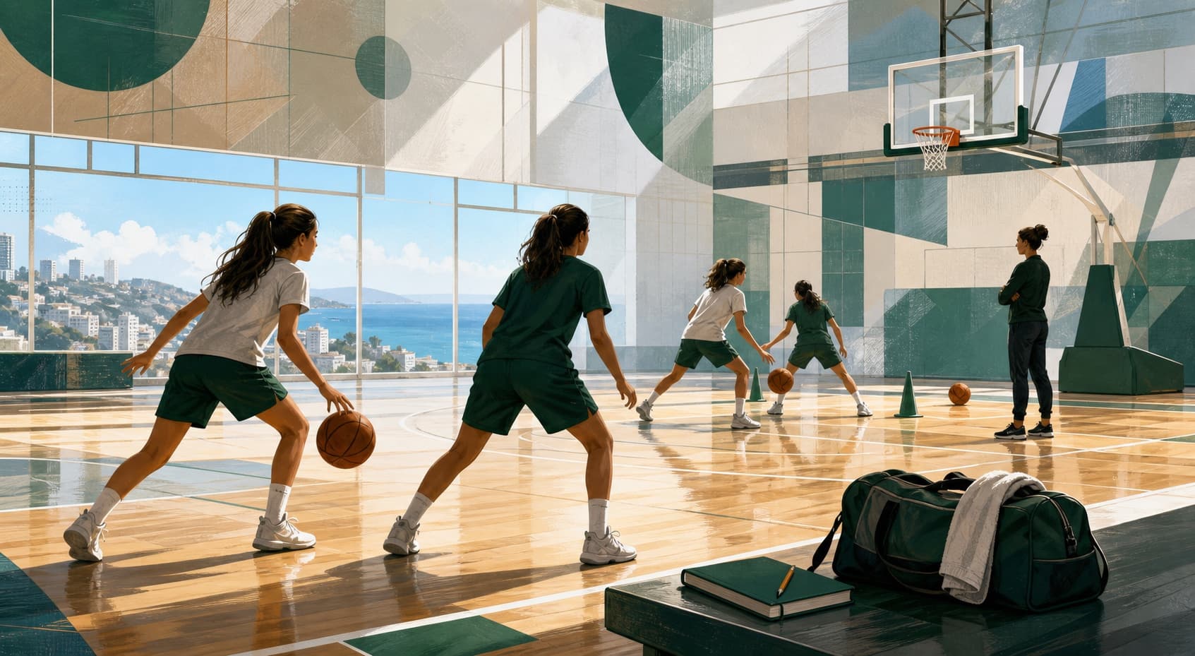 An illustrated group of teenage girls training on a basketball court in Haifa with a notebook beside the court