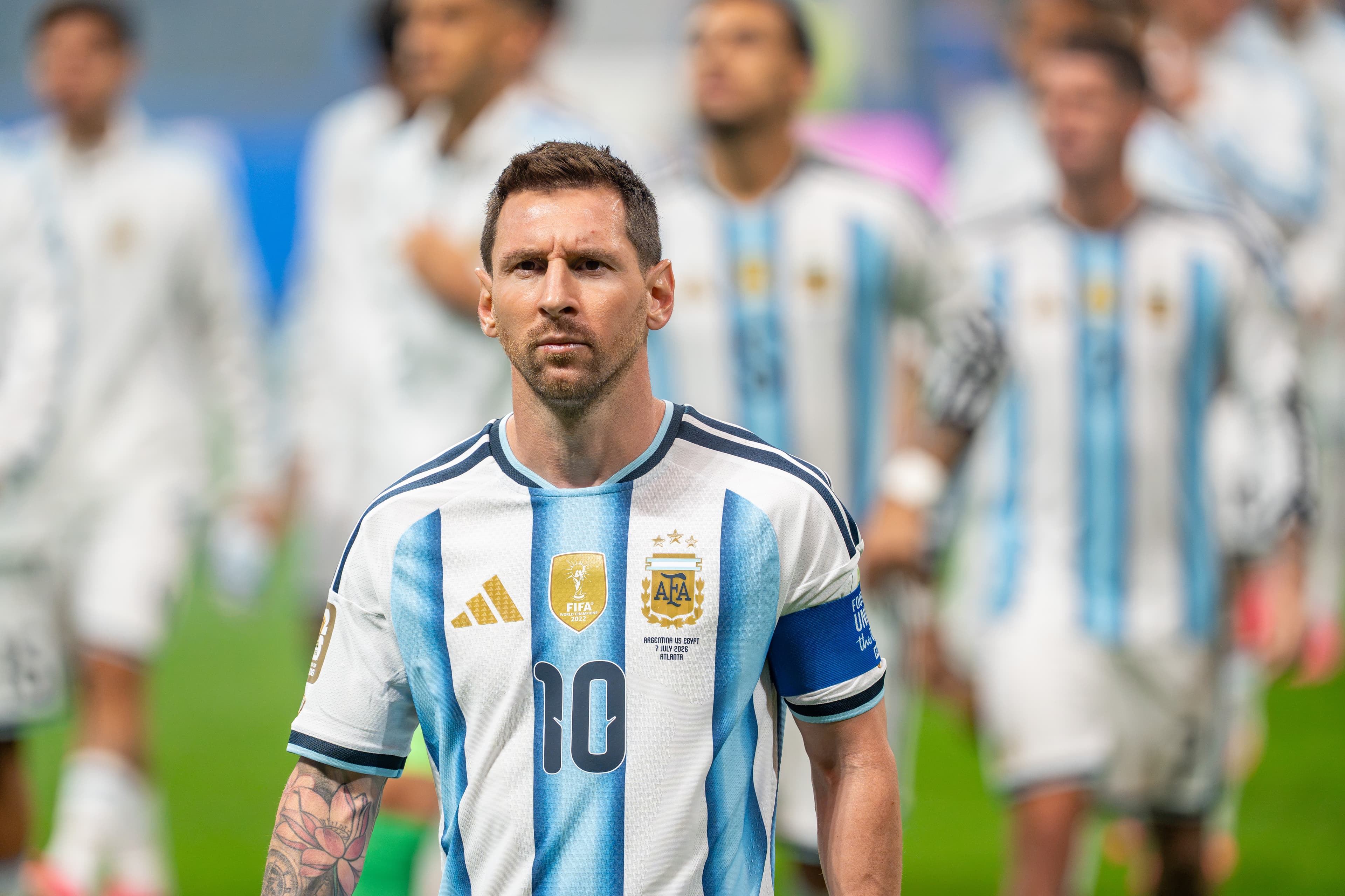 Lionel Messi walks onto the pitch for Argentina against Egypt at the 2026 World Cup
