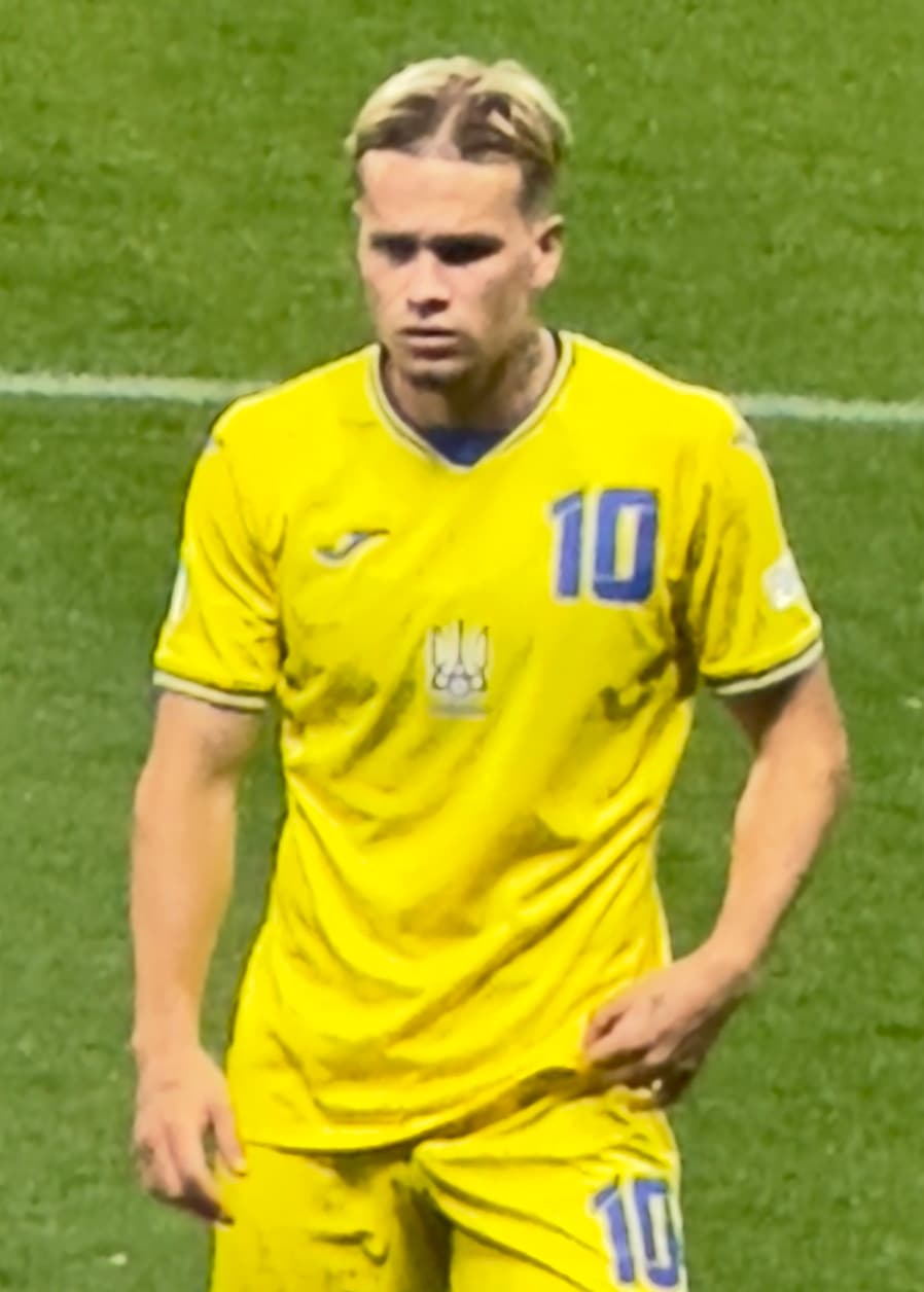 Mykhailo Mudryk with Ukraine U21 in a match against Spain U21 in the UEFA Euro 2023 , on 5 July 2023