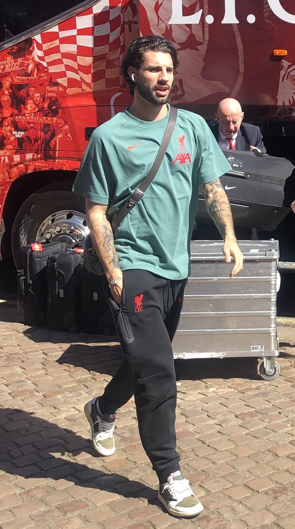 Dominik Szoboszlai arriving at Craven Cottage prior to the Premier League match between Fulham and Liverpool on 6 April 2025