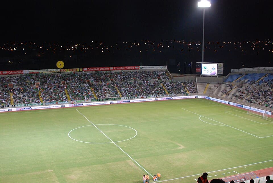 The stands and pitch of the GSP Stadium in Nicosia during an evening match