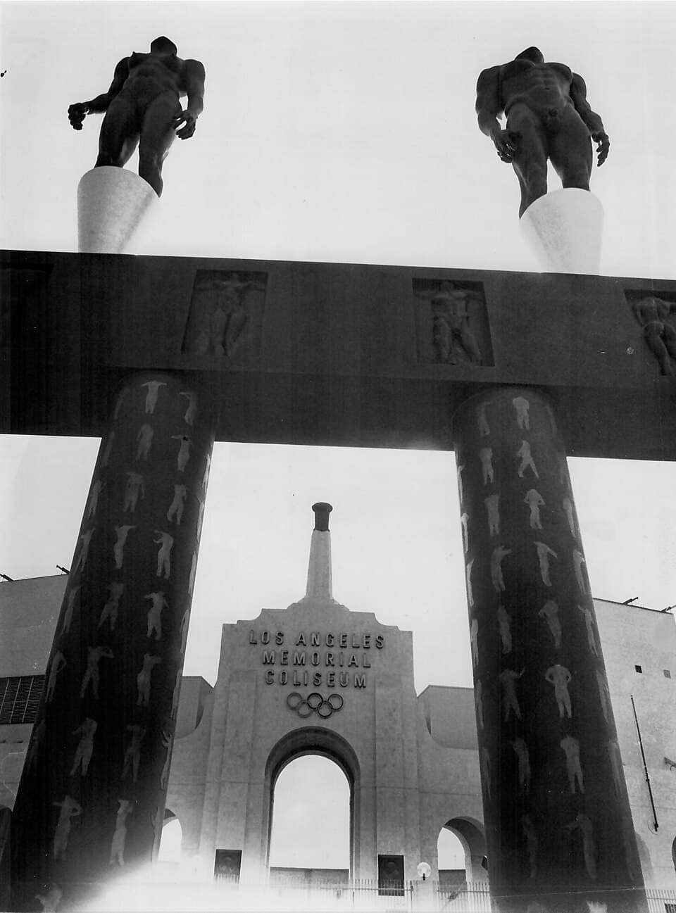 Male and female statues erected in front of the Los Angeles Memorial Coliseum for the 1984 Olympics
