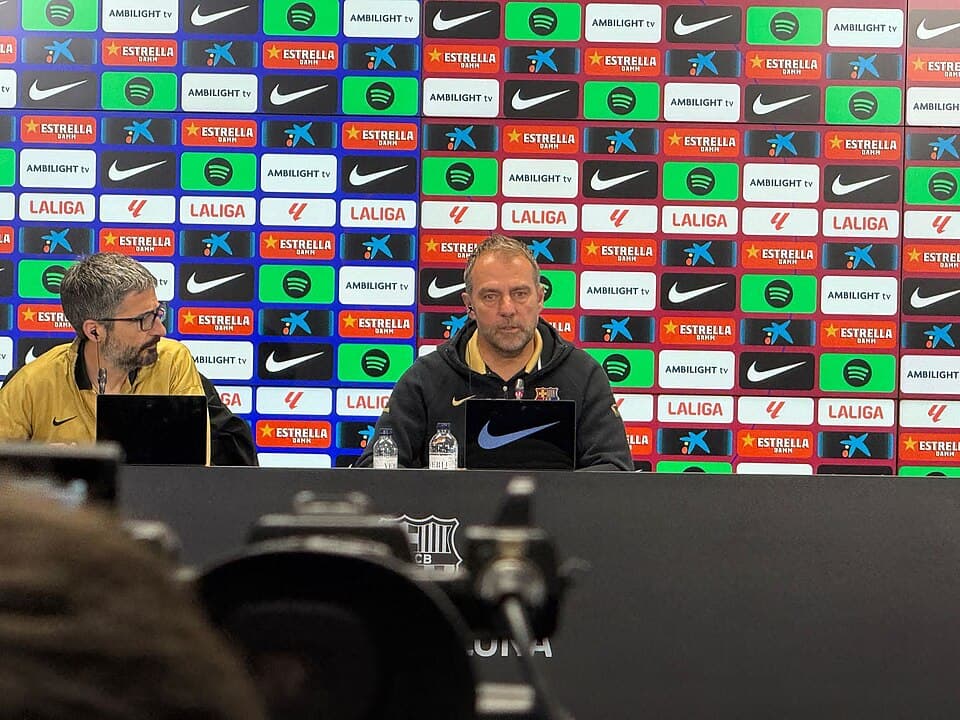 Hans-Dieter Flick during a press conference in April 2025 at FC Barcelona