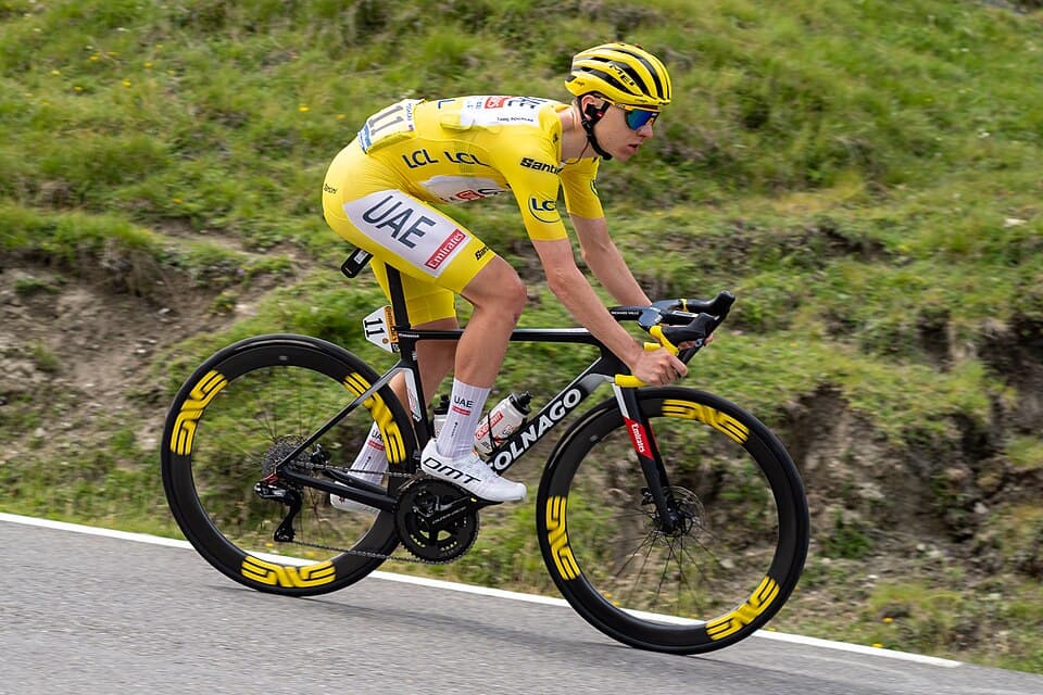 Tadej Pogacar in the descent of Tourmalet pass during stage 14 of TDF 24