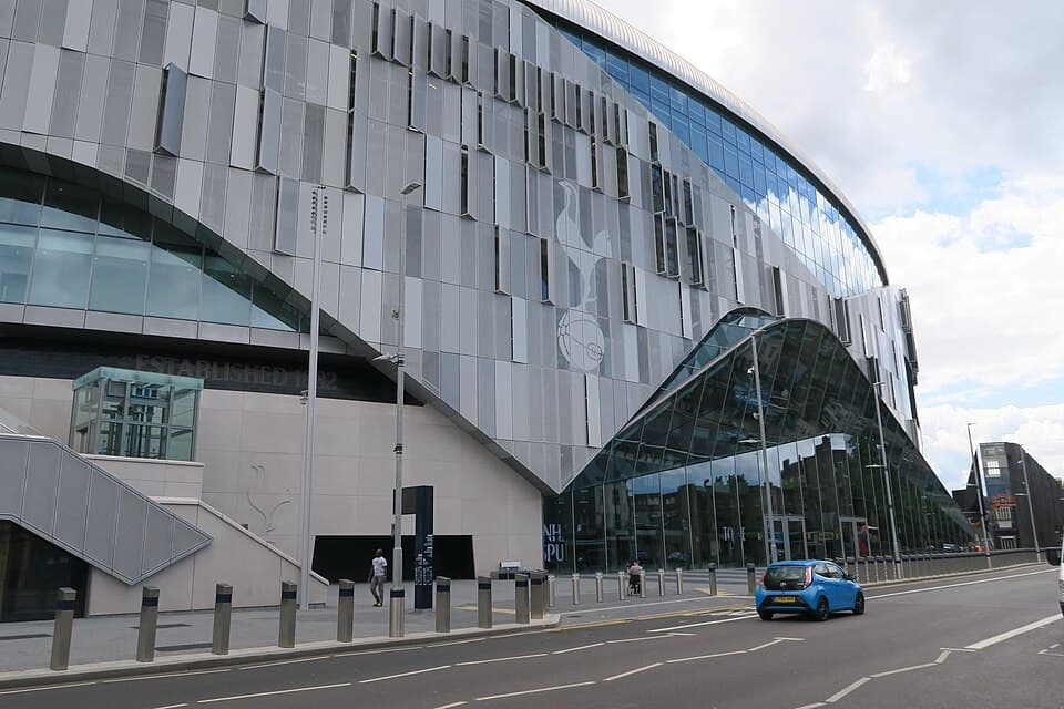 West entrance of Tottenham Hotspur Stadium, view from High Road in June 2019