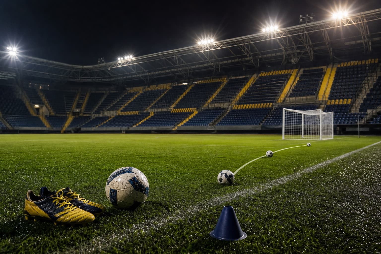 Yellow-and-navy boots and three footballs trace a delivery route from the touchline toward goal