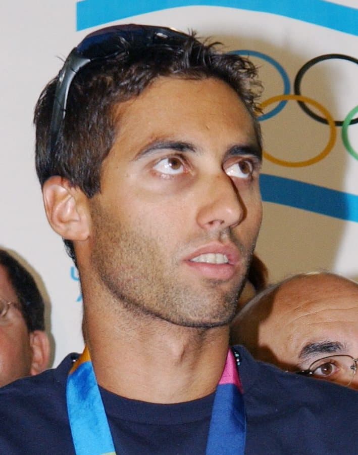 Gold medalist windsurfer Gal Fridman at Ben-Gurion Airport upon their arrival from Athens 2004 Olympic Games