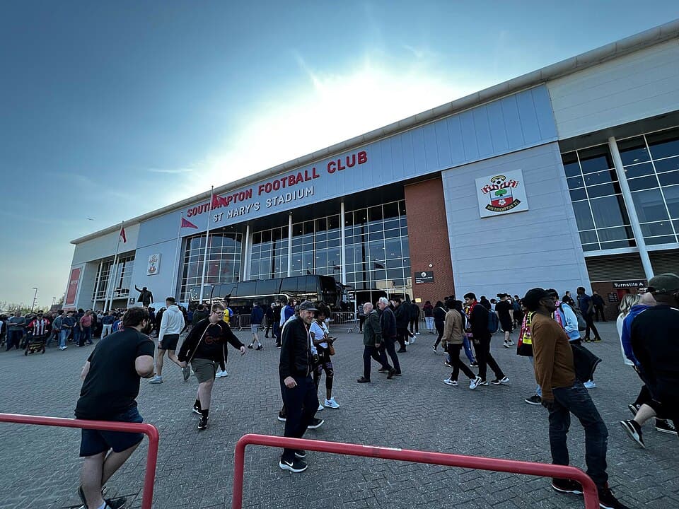 Fans outside the exterior of the Itchen Stand at St Mary's Stadium in Southampton, April 2022