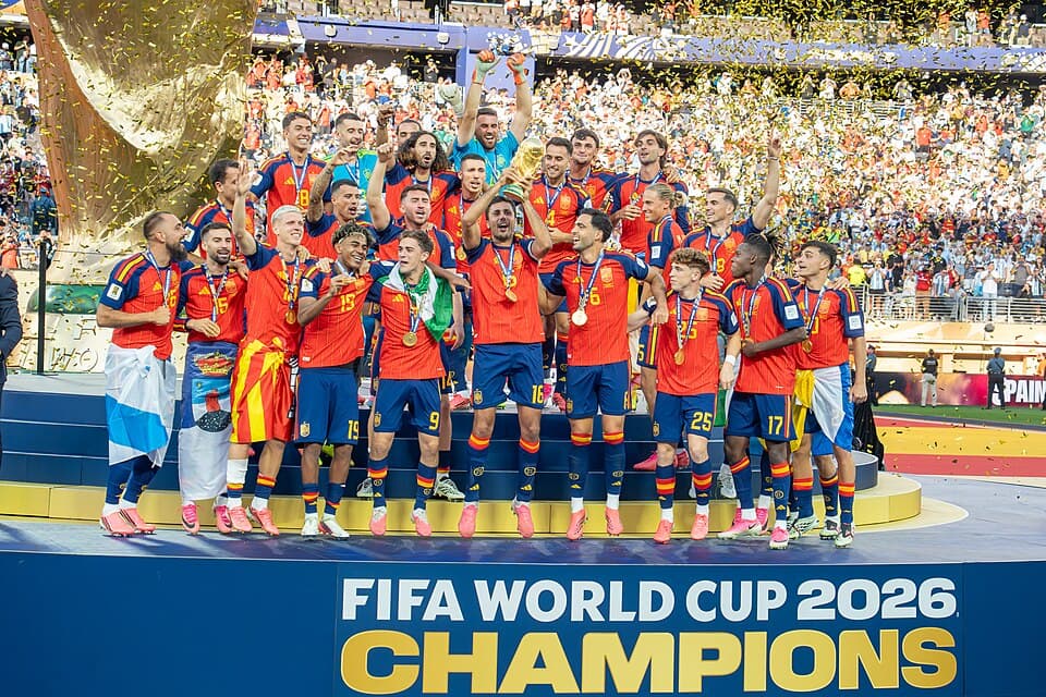 Spain lifting the World Cup trophy during Spain versus Argentina 19 July 2026