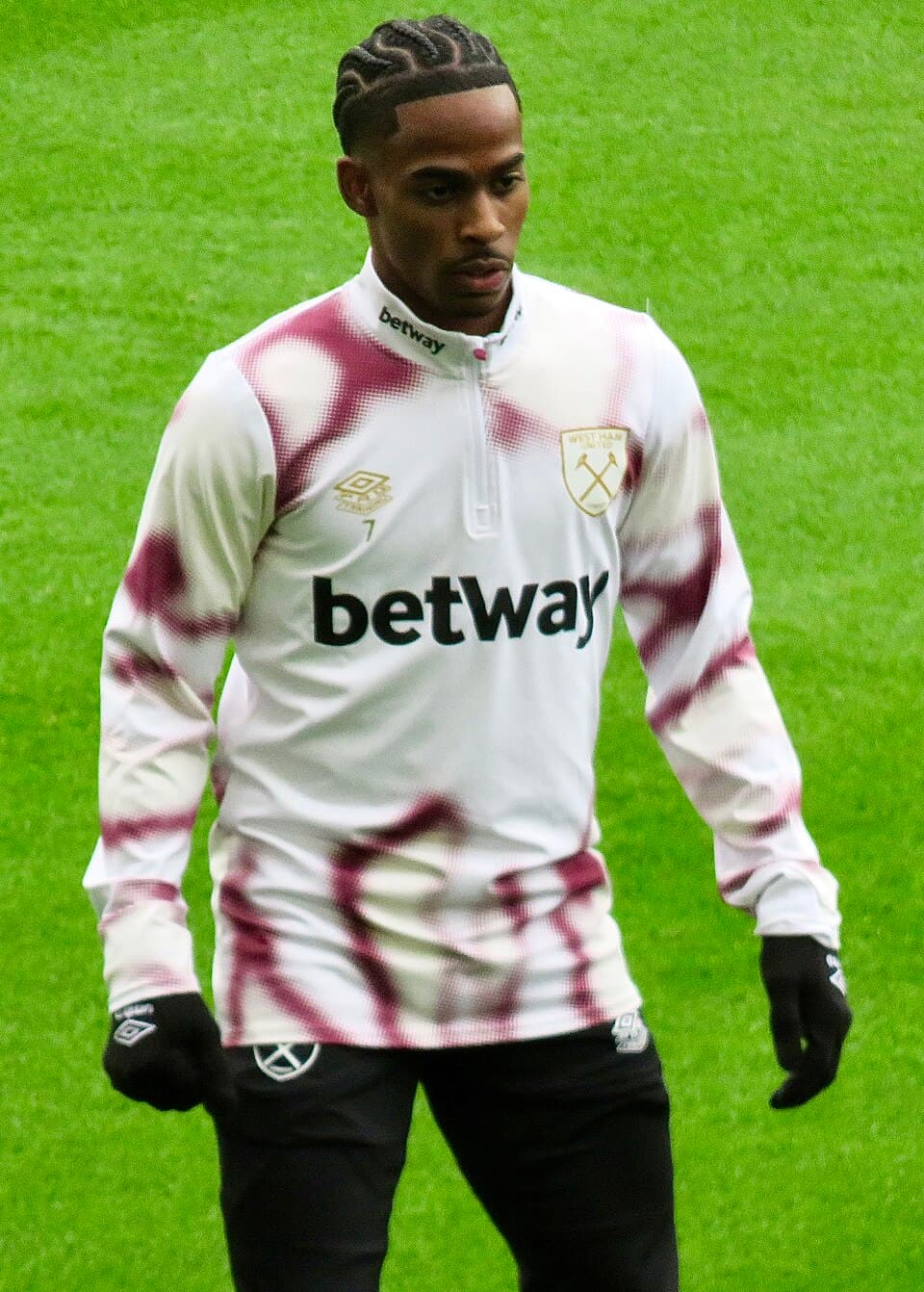 West Ham United player, Crysencio Summerville warming up before their Premier League game against Crystal Palace at Selhurst Park