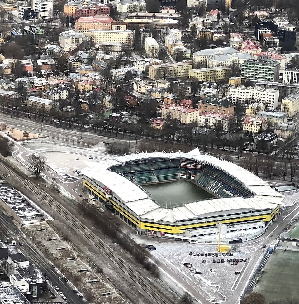 Aerial photo of A. Le Coq Arena / Lilleküla staadion during winter 2021 (Tallinn, Estonia)