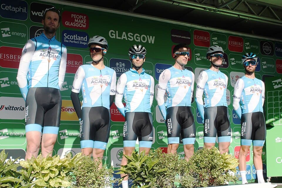 The Israel Cycling Academy team at the start of the 2019 Tour of Britain. The riders are Conor Dunne, Benjamin Perry, Davide Cimolai, Ben Hermans, Roy Goldstein and Tom van Asbroec
