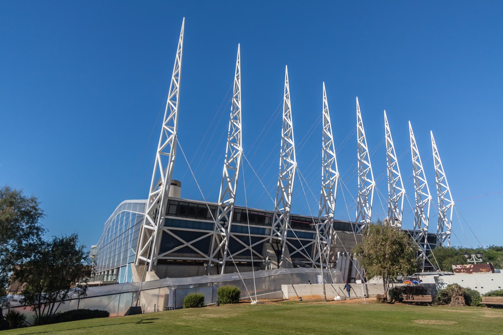 The distinctive exterior of the Olympic swimming complex at Wingate Institute