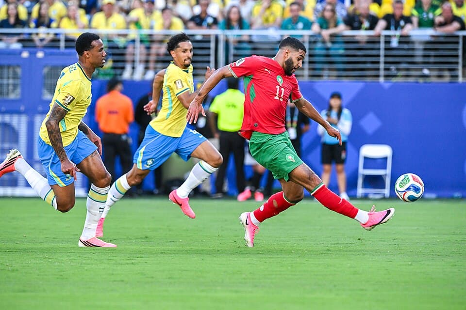 Ismael Saibari challenges Gabriel Magalhães and Marquinhos during Brazil against Morocco at the 2026 World Cup